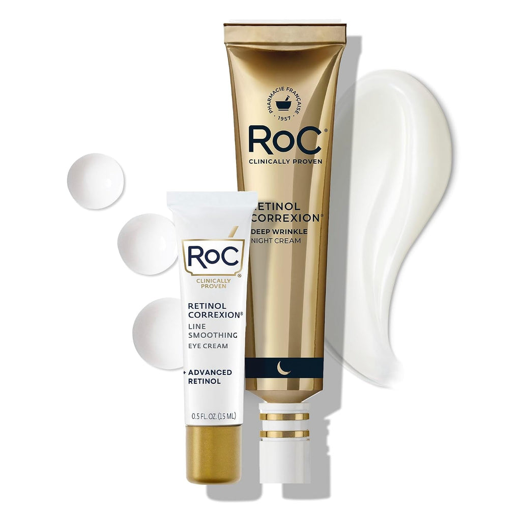 Roc Retinol Correxion Value Set Duo, Deep Wrinkle Anti-Aging Night Face Cream + Under Eye Cream For Dark Circles & Puffiness - Retinol Eye Care