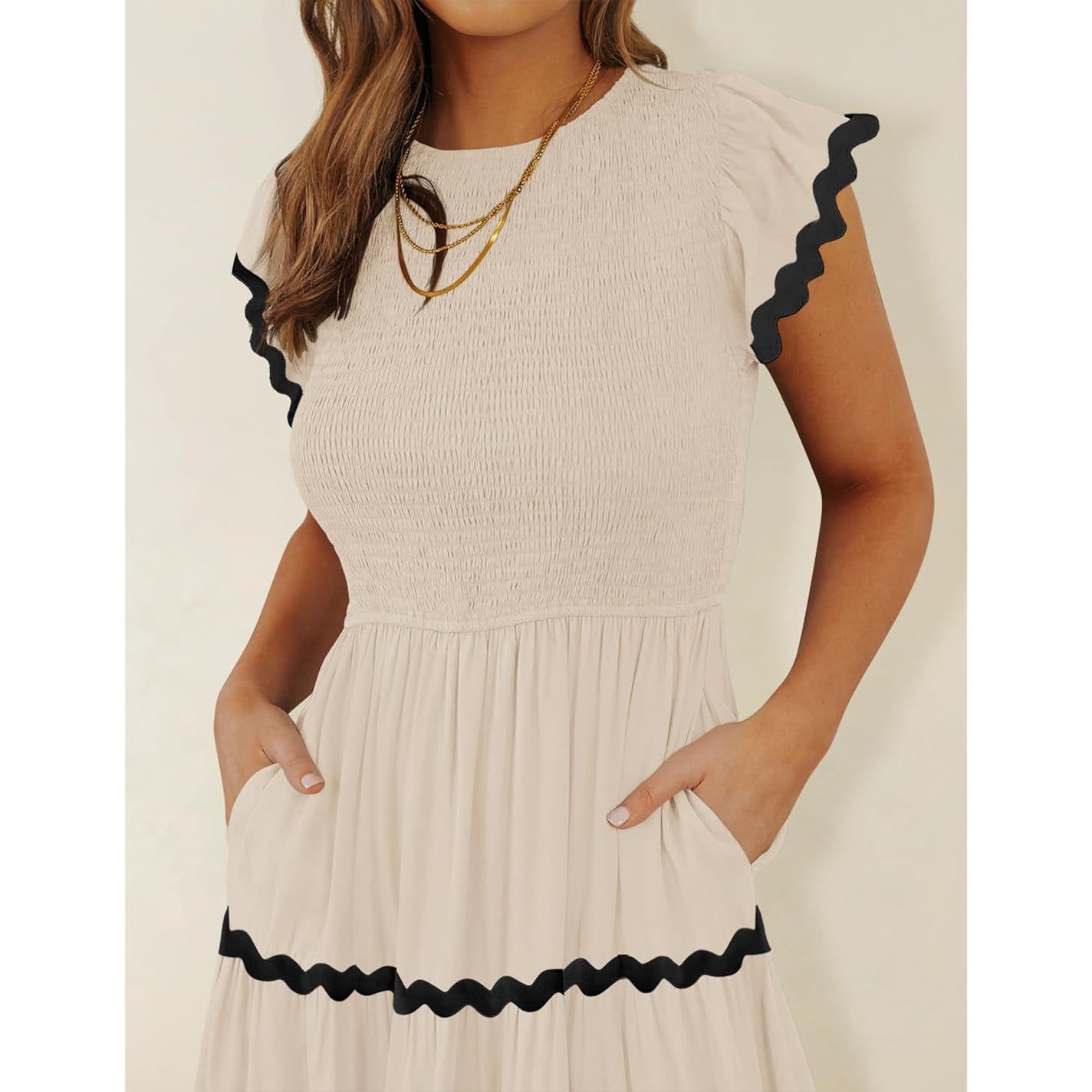 Zesica Womens Summer Casual Smocked Midi Dress 2026 Flutter Short Sleeve High Waist Tiered Flowy Boho Vacation Dresses
