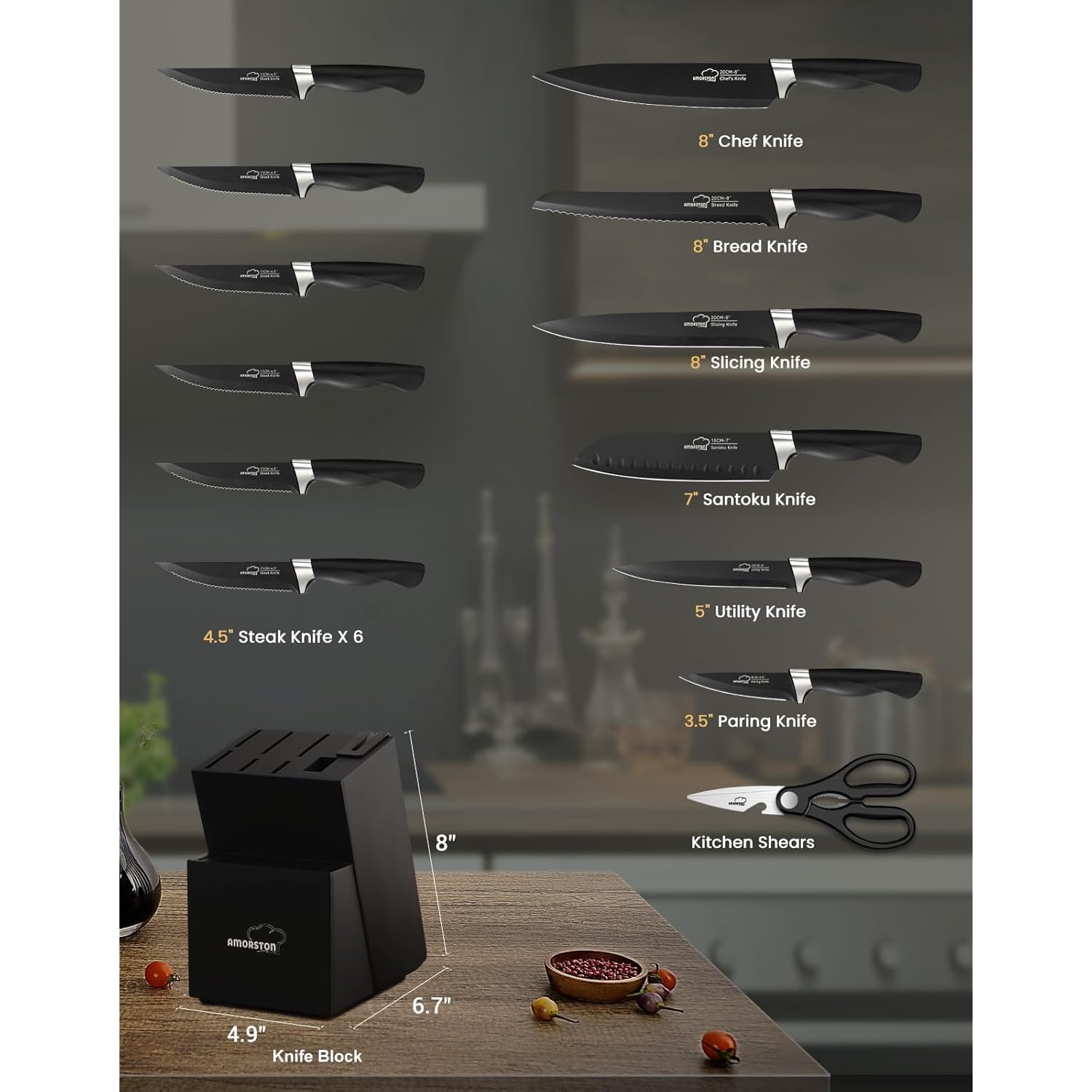 Amorston Knife Set, 15 Pieces Knives Set for Kitchen Knife Set with Block and Sharpener, Dishwasher Safe Knife Block Set German Stainless Steel Kitchen Knife Sets for Apartment New Home Housewarming
