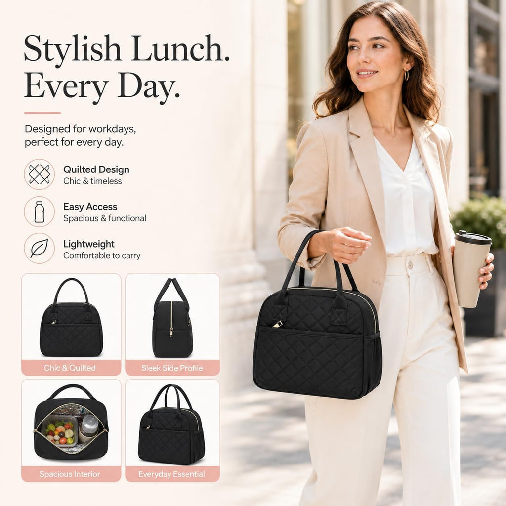 Lunch Box For Women Insulated Lunch Bag Lunchbox Cooler Thermal Leakproof Quilted Reusable Lunch Tote Bag For Work School Travel Picnic (Black)