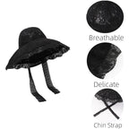 Women Sun Hat Wide Brim Lace Sunscreen Hat with Ribbon Folding Beach Cap Summer Sun Hat Elegant Vintage Dress Hats Black