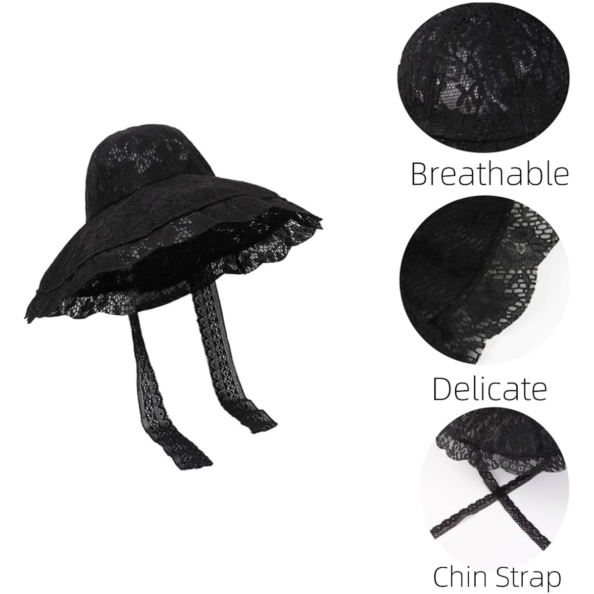 Women Sun Hat Wide Brim Lace Sunscreen Hat with Ribbon Folding Beach Cap Summer Sun Hat Elegant Vintage Dress Hats Black