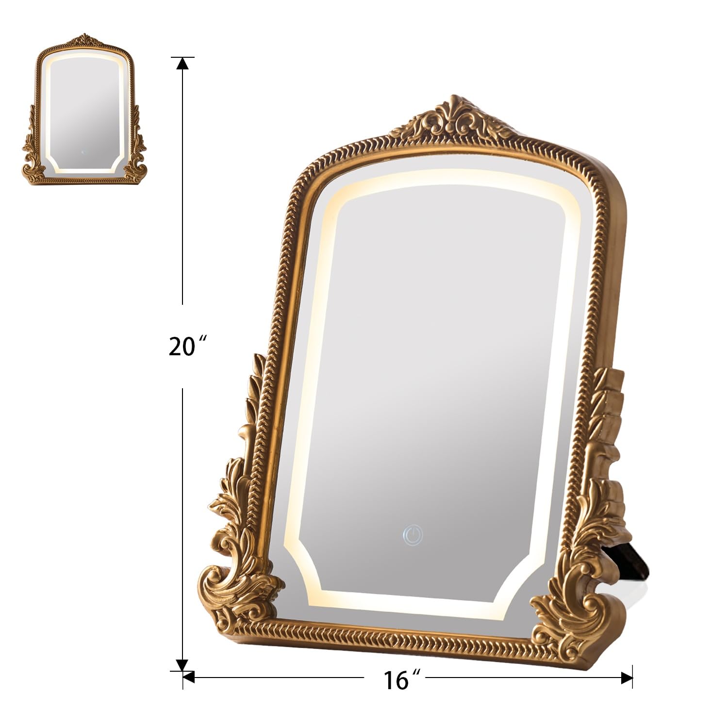 Hsddhome Large 16X20 Vintage Led Vanity Mirror, Gold Arch Makeup Mirror | 3-Color Dimmable Lights; Antique Carved Frame; Large Tabletop For Wide Dressers