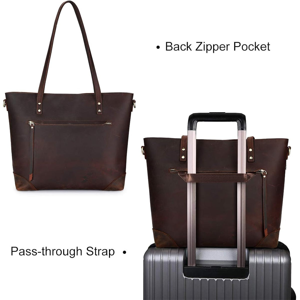 S-Zone Vintage Genuine Leather Shoulder Bag Work Totes For Women Purse Handbag With Back Zipper Pocket Large