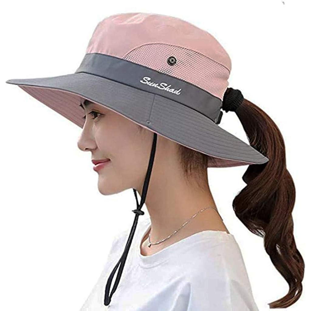 Women's Summer Sun-Hat Ponytail - Outdoor UV-Protection Mesh Wide Brim Foldable Hat with Ponytail Hole