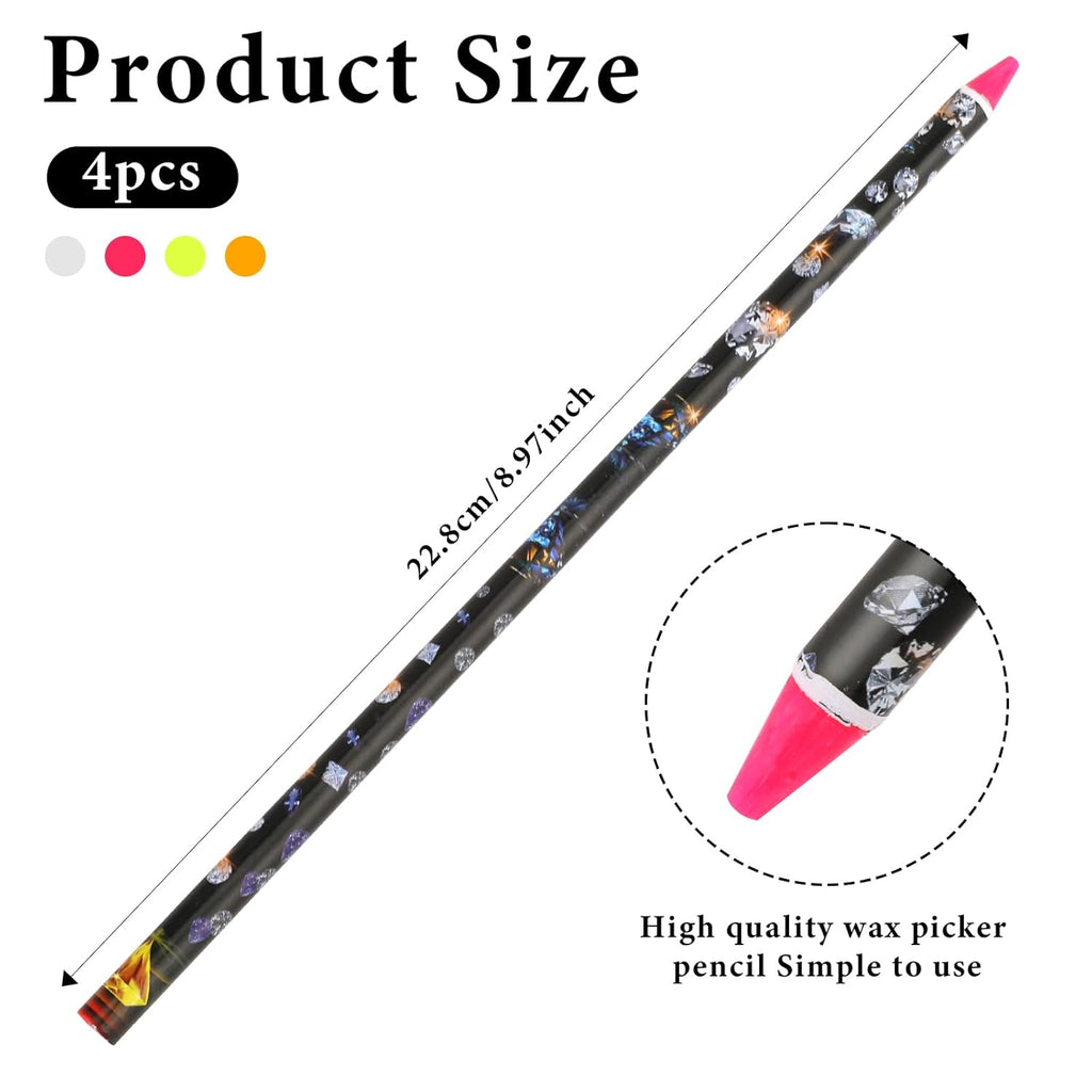 Hariendny 4 Pack Rhinestone Picker Tool Adhesive Resin Picker Pencil Nail Point Drill Pen Dotting Wax Pencil Gem Pick up Tools for Nail Art DIY with Pencil Sharpener
