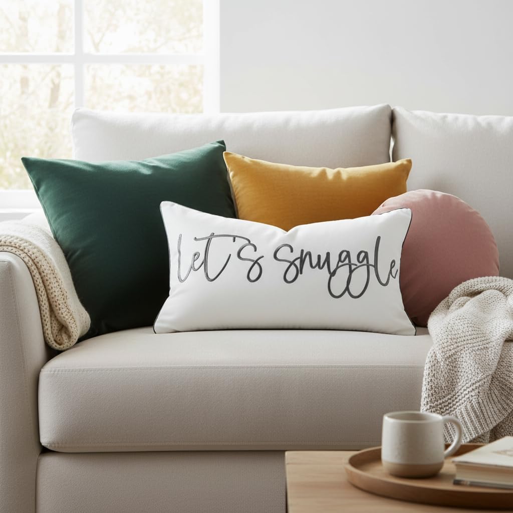 Sunkifover Let's Snuggle Decorative Lumbar Pillow Cover - 12x20 Inch White and Grey Cotton Embroidery Throw Pillowcase for Bed, Bedroom, Living Room, Home Decor
