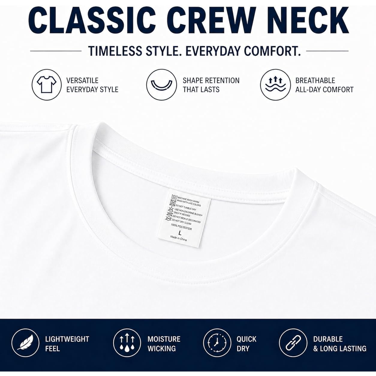 Sublimation Blank T-Shirts, Polyester, Crew Neck, White, Unisex