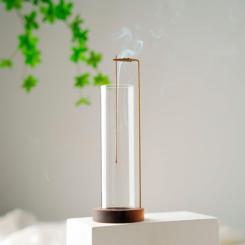Incense Holder For Sticks, Anti-Ash Flying Incense Burner With 30 Incense Sticks, Detachable Glass Ash Catcher (Wood, Brown)