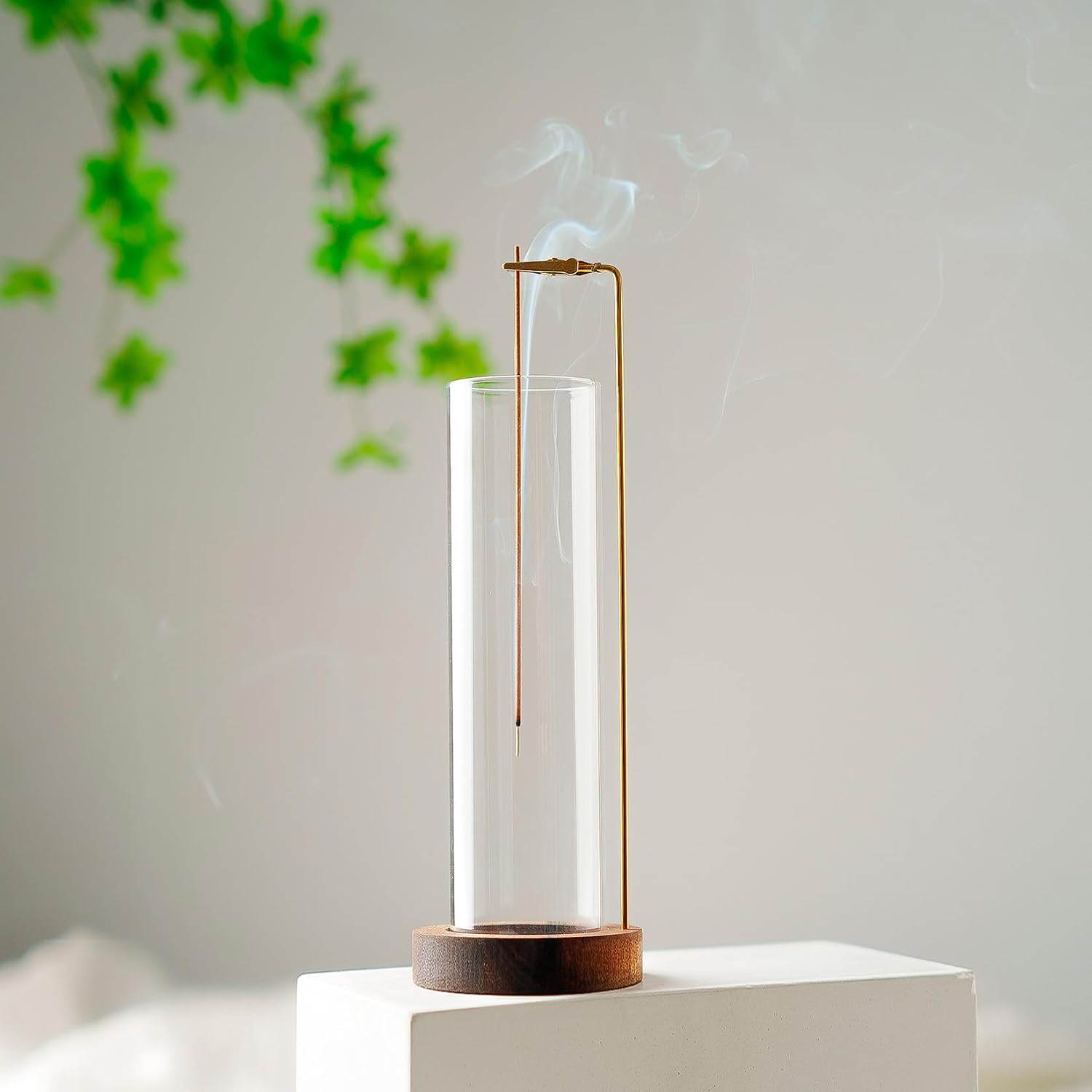 Incense Holder For Sticks, Anti-Ash Flying Incense Burner With 30 Incense Sticks, Detachable Glass Ash Catcher (Wood, Brown)
