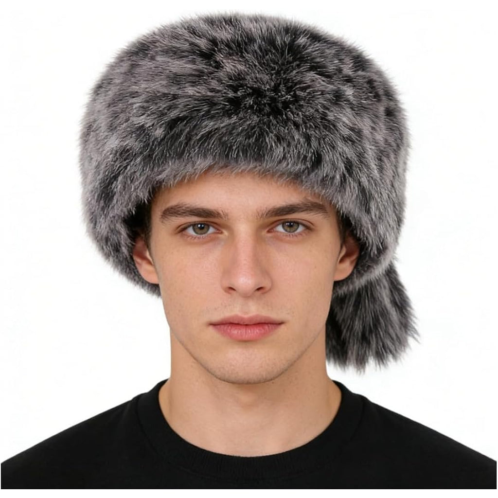 SIQITECHNO Unisex Faux Fur Trapper Hat with Tail Furry Russian Trooper Hat Ushanka Cossack Warm Winter Hunting Snow Ski Cap