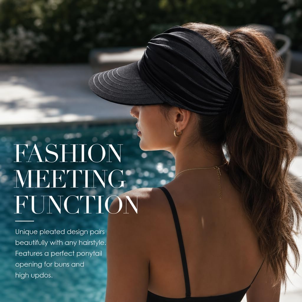 2 Pack Women's UPF 50+ UV Protection Sun Visor Hat, Sun Visor Hat for Women, Wide Brim Lightweight Foldable Ponytail Cap for Summer Beach, Foldable Golf Visor (Black and White)