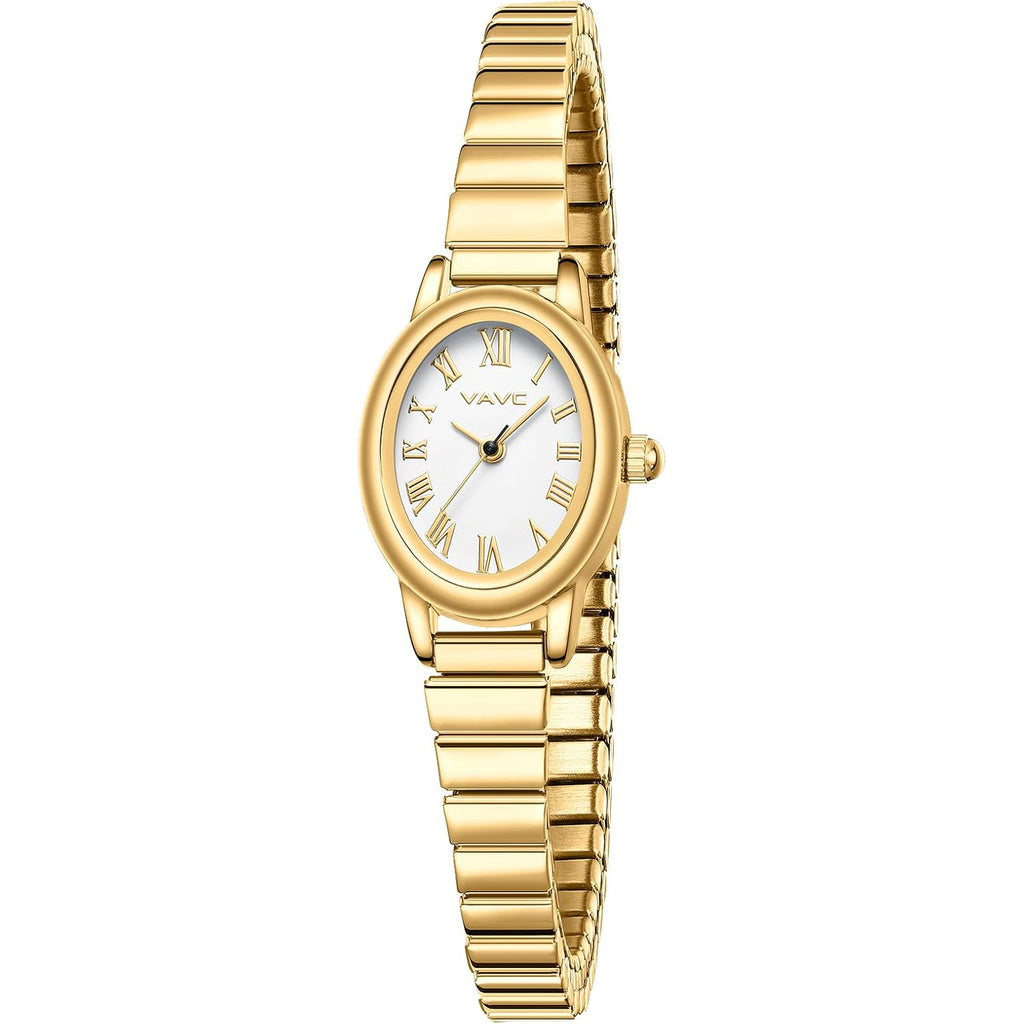Small Gold Watches for Women,Analog Womens Watch with Stainless Steel Expansion Band,Oval Case Roman Dial,Water Resistant