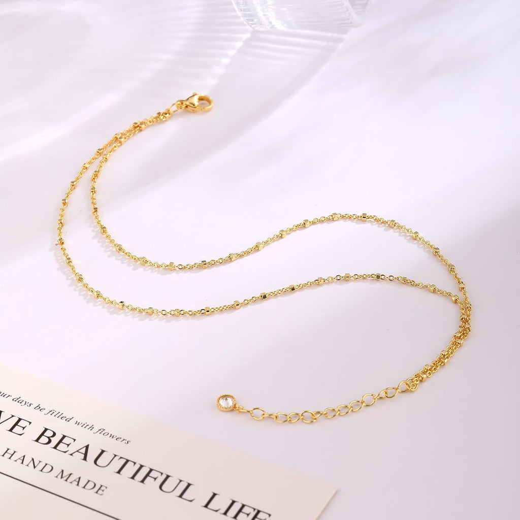 MIDEEO Gold/Silver Ankle Bracelets for Women,14K Gold Anklets for Women Waterproof Cuban Link Heart Beads Herringbone Rhinestone Anklets Set Layered Anklet Bracelets for Women Gold Jewelry Gift