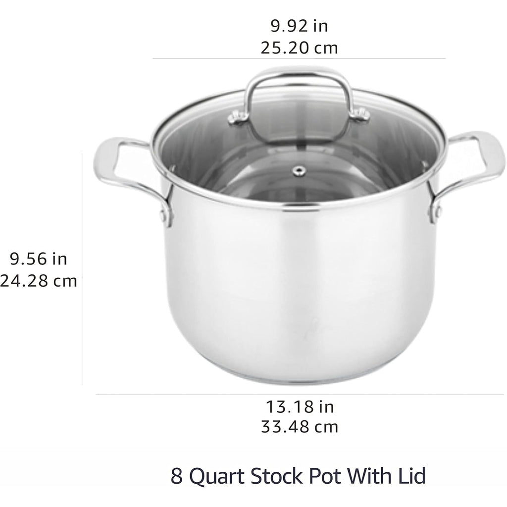 Amazon Basics Stainless Steel Induction Compatible Stock Pot with Glass Lid, Oven Safe, Dishwasher Safe, Sturdy, 8 Quart, Silver