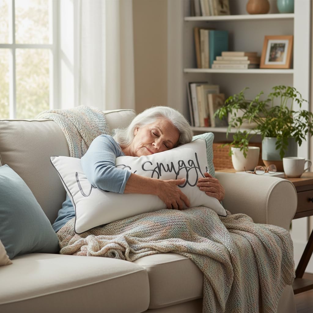 Sunkifover Let's Snuggle Decorative Lumbar Pillow Cover - 12x20 Inch White and Grey Cotton Embroidery Throw Pillowcase for Bed, Bedroom, Living Room, Home Decor