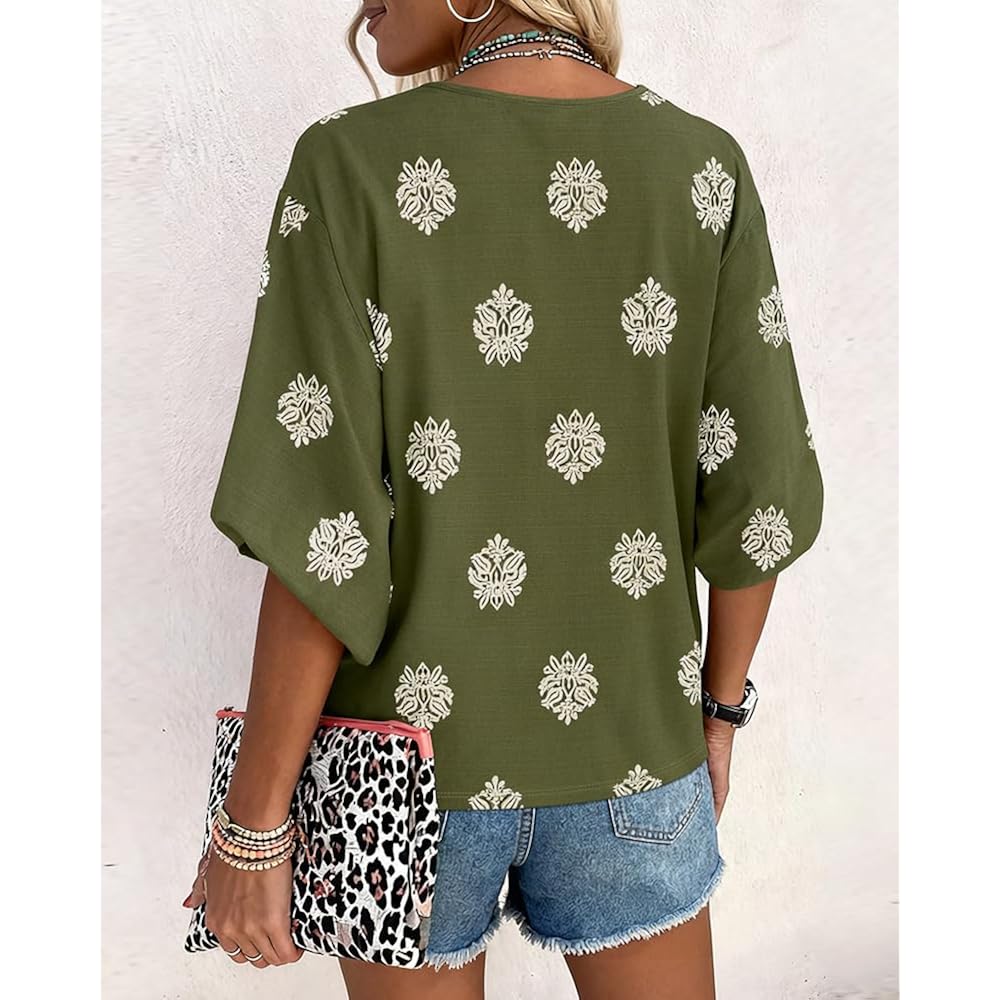 CHICME Women's Casual V Neck Blouse Floral Boho Summer Tops Lantern Sleeve Loose Fit Tunics Flowy Vacation Clothes
