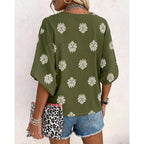 CHICME Women's Casual V Neck Blouse Floral Boho Summer Tops Lantern Sleeve Loose Fit Tunics Flowy Vacation Clothes
