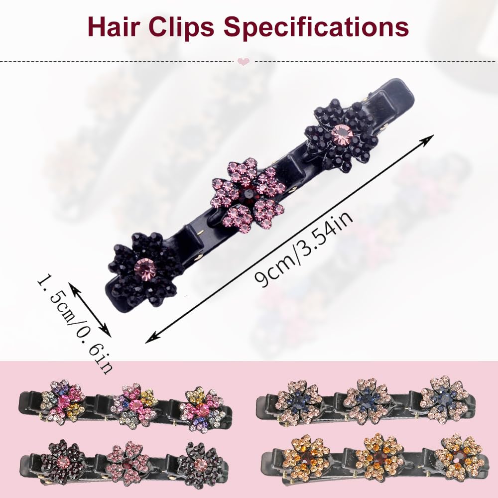 2 Pcs Sparkling Crystal Stone Braided Hair Clips, 2024 New Satin Fabric Hair Bands Rhinestone Four-Leaf Clover Hair Clip,Duck Bill Clips For Women Girls (4 Pcs)