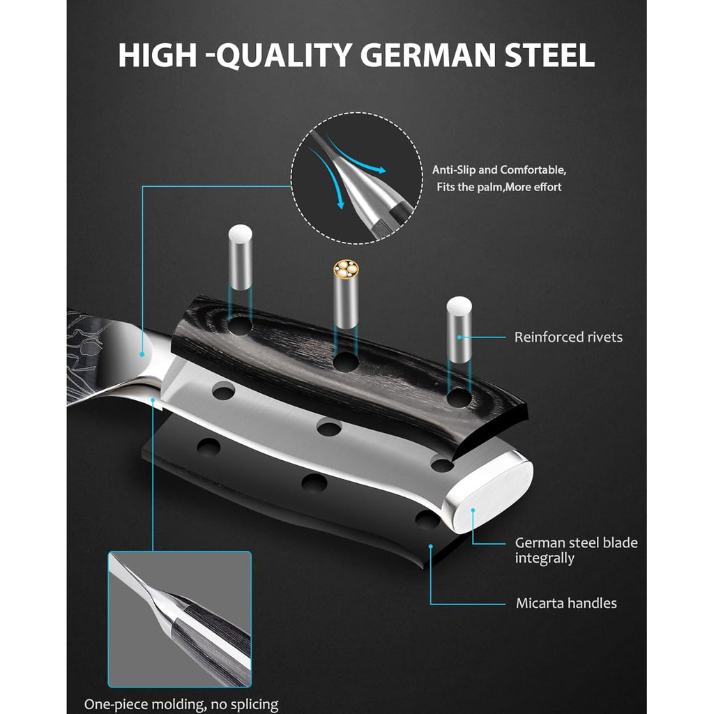 MOSFiATA 8" Super Sharp Professional Chef's Knife with Finger Guard and Knife Sharpener, German High Carbon Stainless Steel EN1.4116 with Micarta Handle and Gift Box