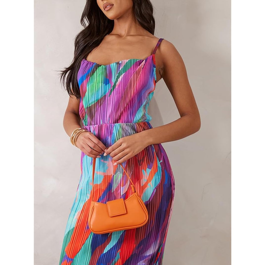 Summer Floral Dress Sexy Strap Shoulder Pleated Maxi Dresses A Line Wedding Guest Dresses For Women