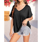Langwyqu Women's Oversized T Shirts V Neck Short Sleeve Summer Casual Loose Tops Tees