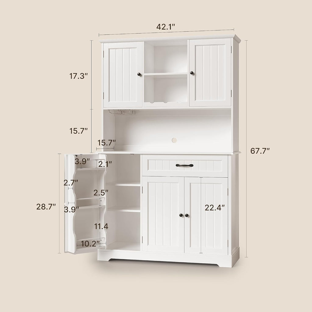 Gizoon Tall Kitchen Storage Cabinet With Door And Shelves, 67" Kitchen Pantry Cabinet Large Coffee Bar Hutch With Storage For Dining Room, Painted White