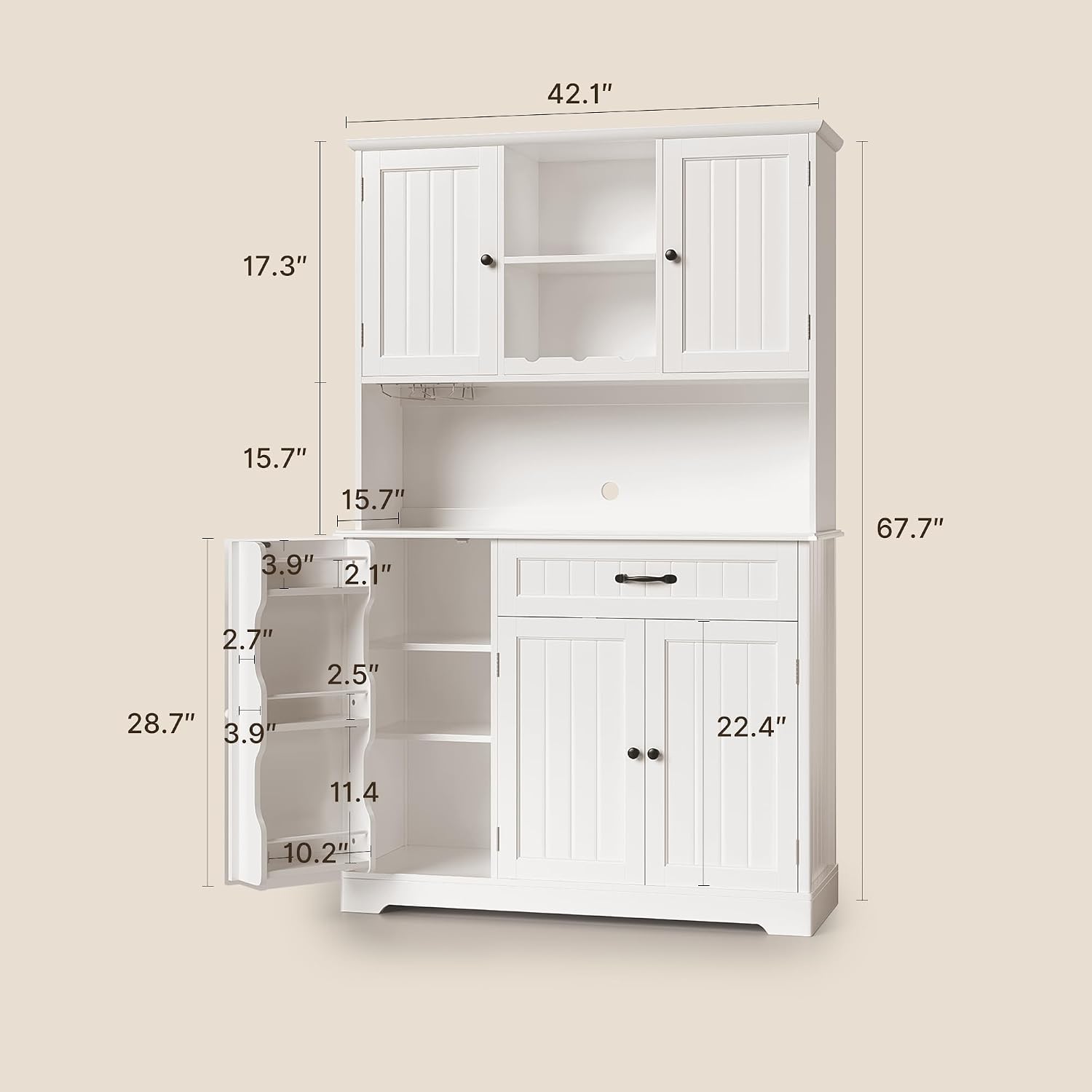 Gizoon Tall Kitchen Storage Cabinet With Door And Shelves, 67" Kitchen Pantry Cabinet Large Coffee Bar Hutch With Storage For Dining Room, Painted White