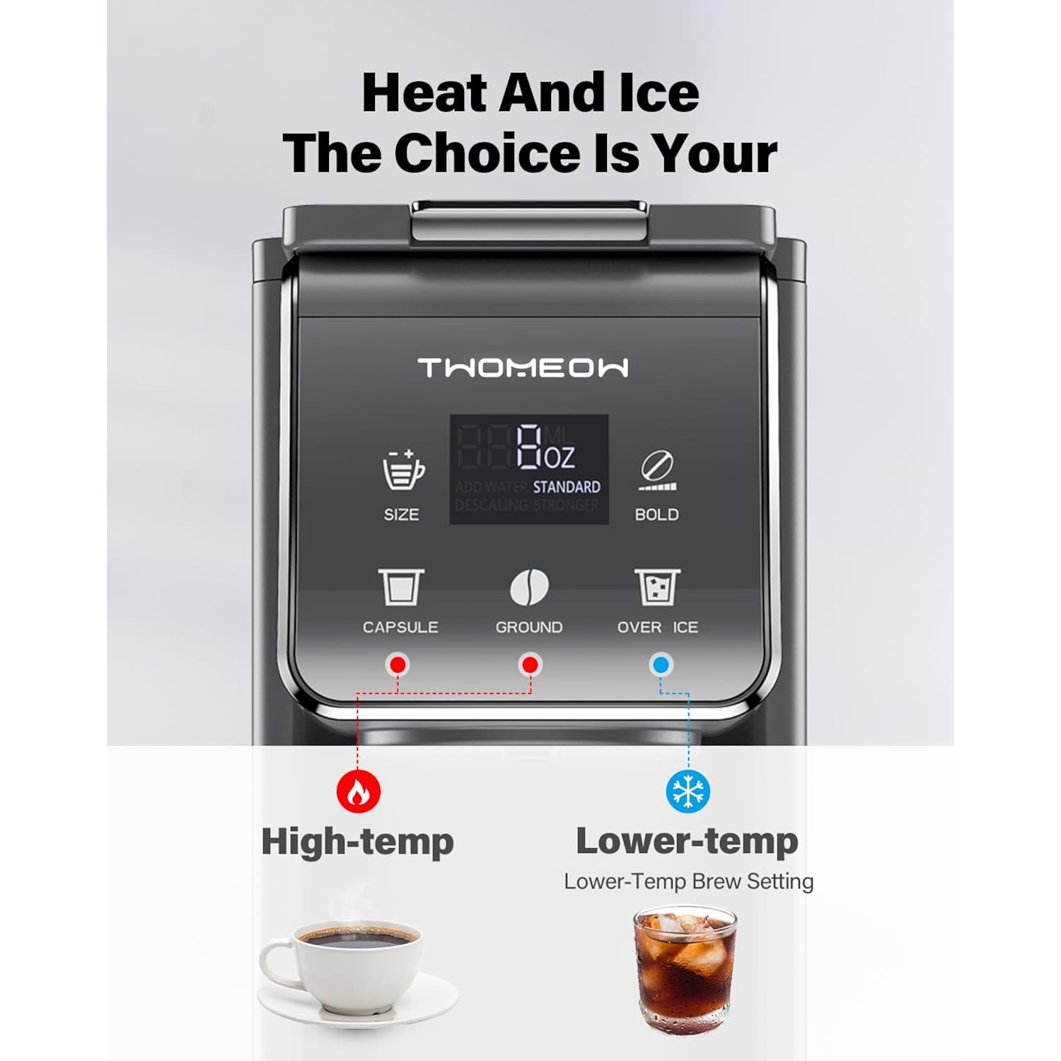 K Cup Coffee Maker With Bold Setting, Single Serve Hot & Iced Coffee Maker for K-Cup and Grounds, 52 Oz Removable Water Tank, 6 to 14oz Brew Size, Pod Coffee Machine With Reusable Filter, Gray