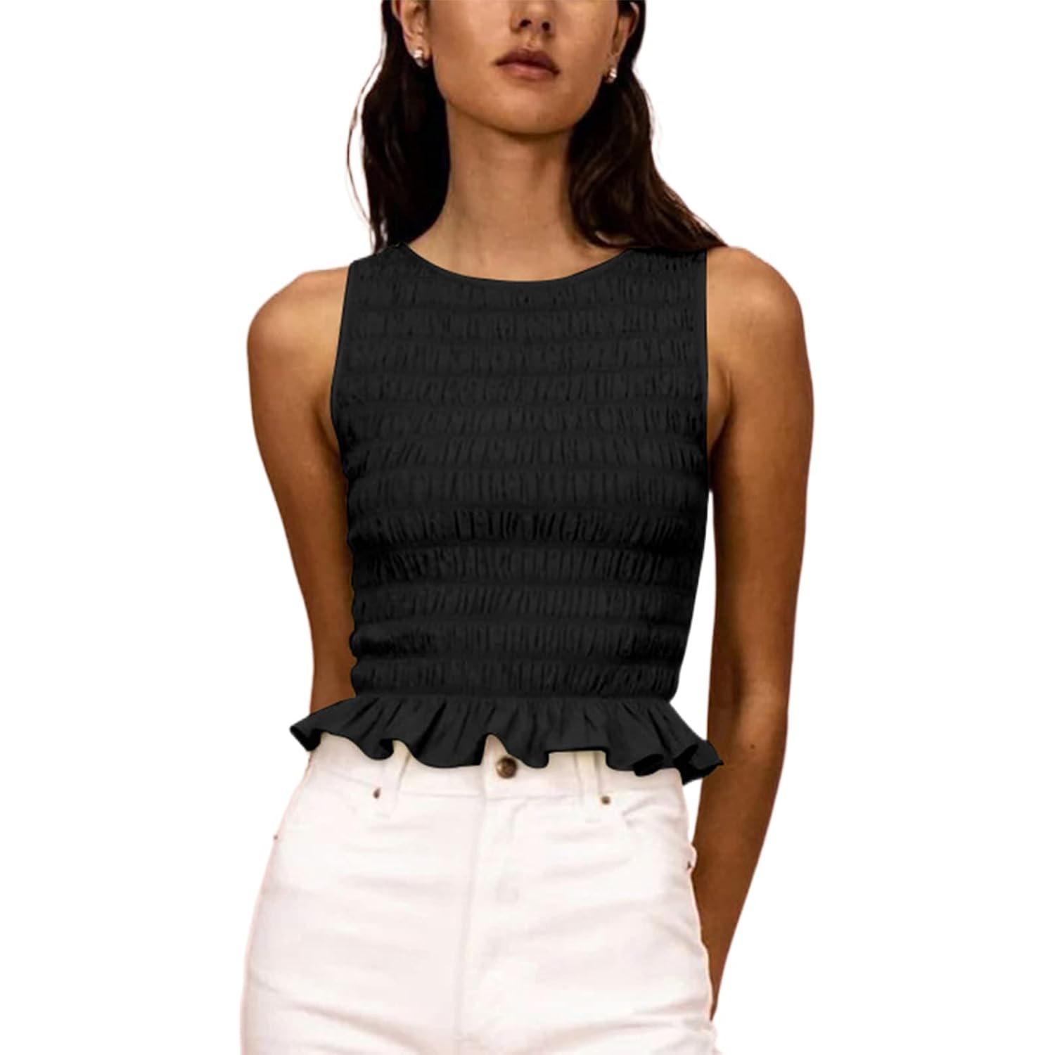 Women Shirred Tank Top Ruffle Sleeveless Tanks Frill Smocked Halter Cami Tops Summer Streetwear
