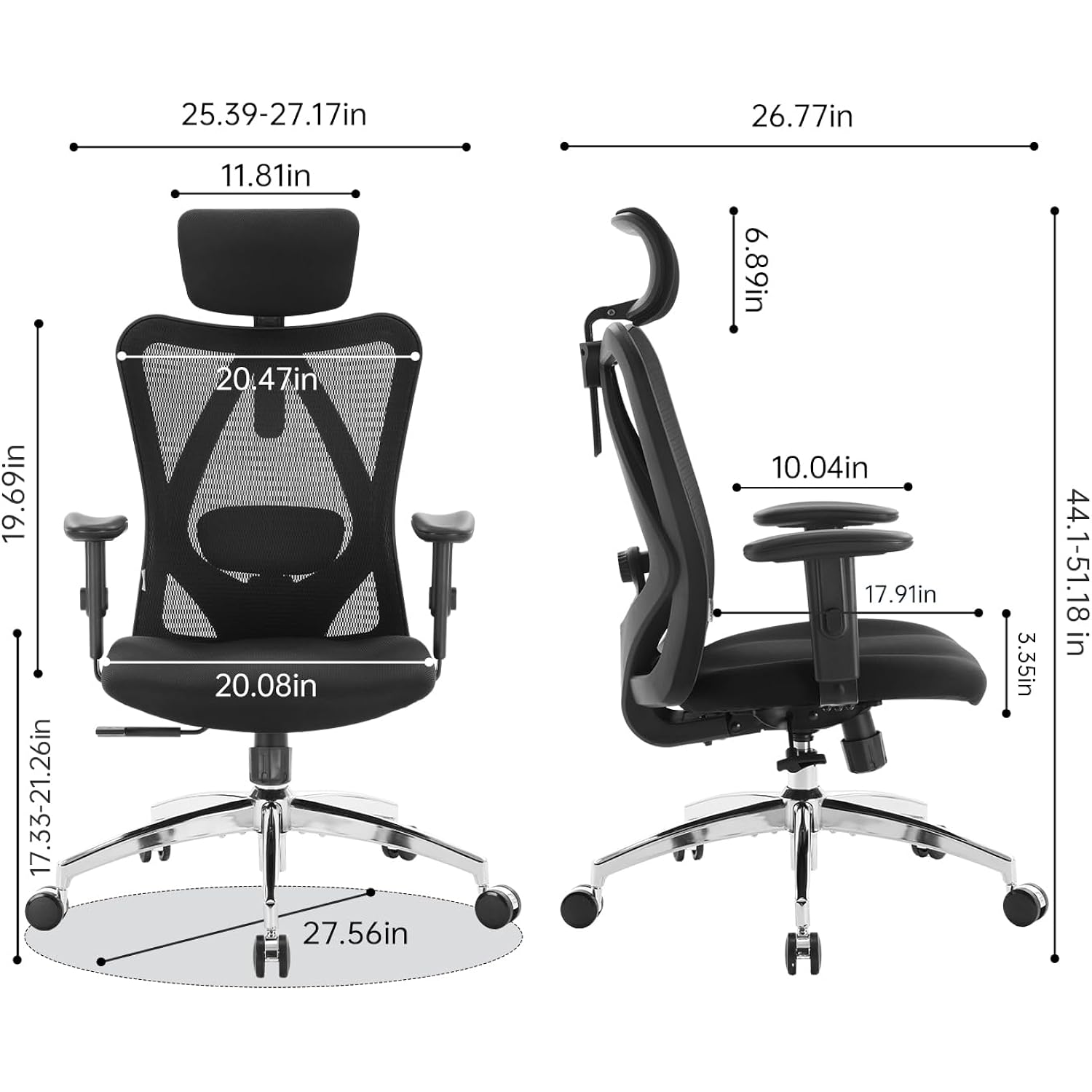 SIHOO M18 Ergonomic Office Chair, High Back Mesh Desk Chair with Adjustable Headrest & Lumbar Support, 330lbs Capacity Computer Chair with 2D Armrests & Wide Cushion, Tilt Lock, for Home Office-Black