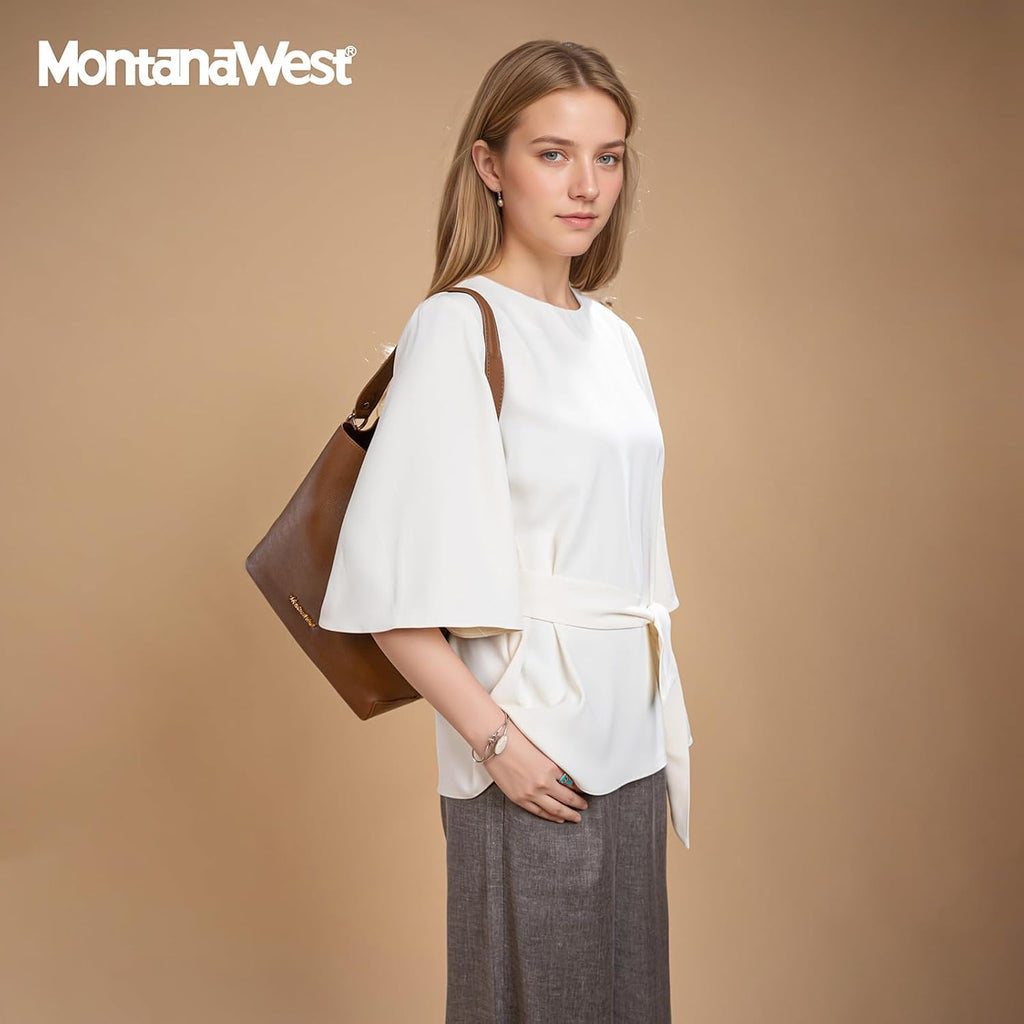Montana West Medium Hobo Purse For Women 3 Compartment Bucket Shoulder Bag With Crossbody Strap