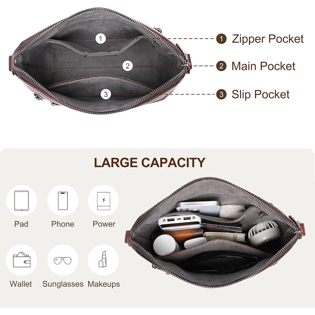 COOLCY Genuine Leather Crossbody Bags for Women Purses and Handbags for Ladies with Multiple Pockets Shoulder Satchel Bag