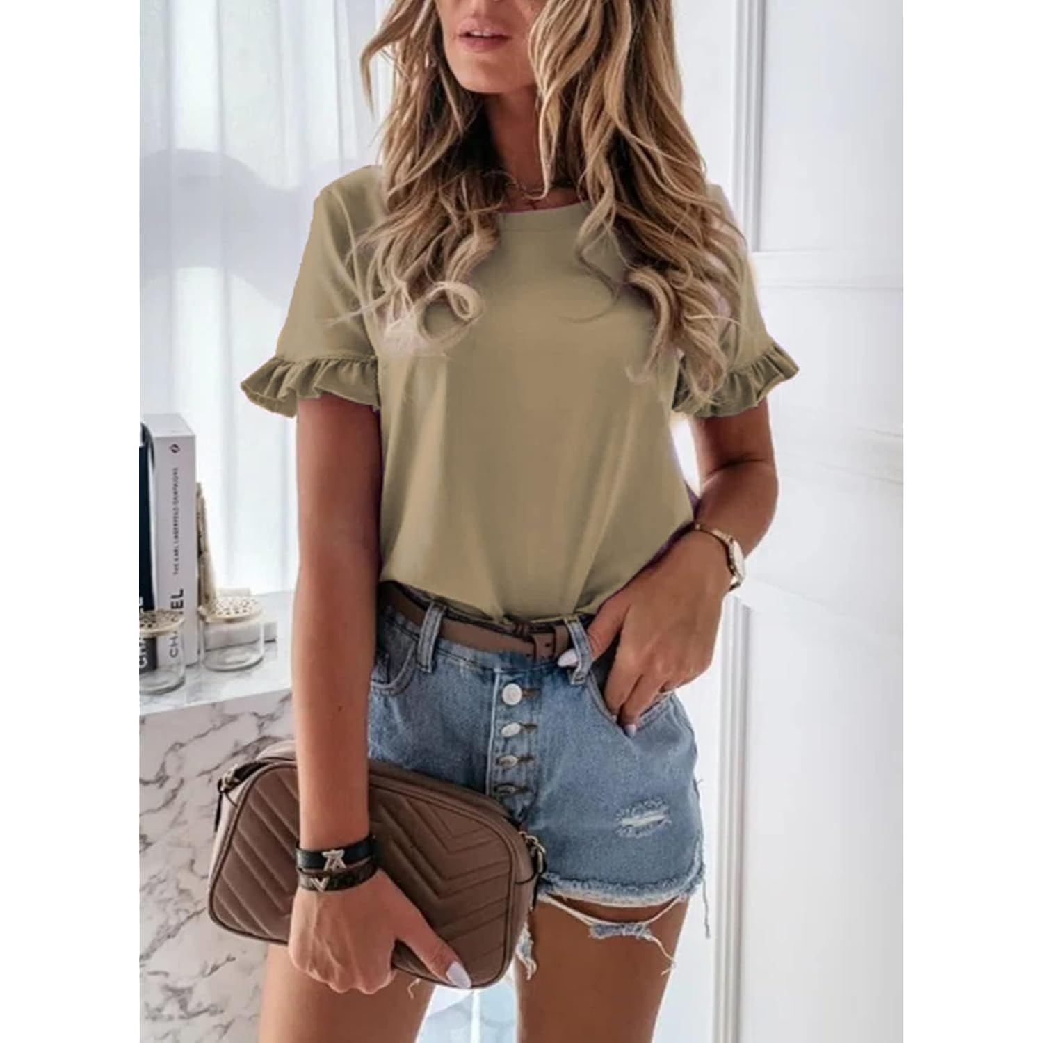 Prettygarden Women'S Short Sleeve Casual T Shirts Summer Ruffle Plain Round Neck Loose Fit Tee Blouse Tops