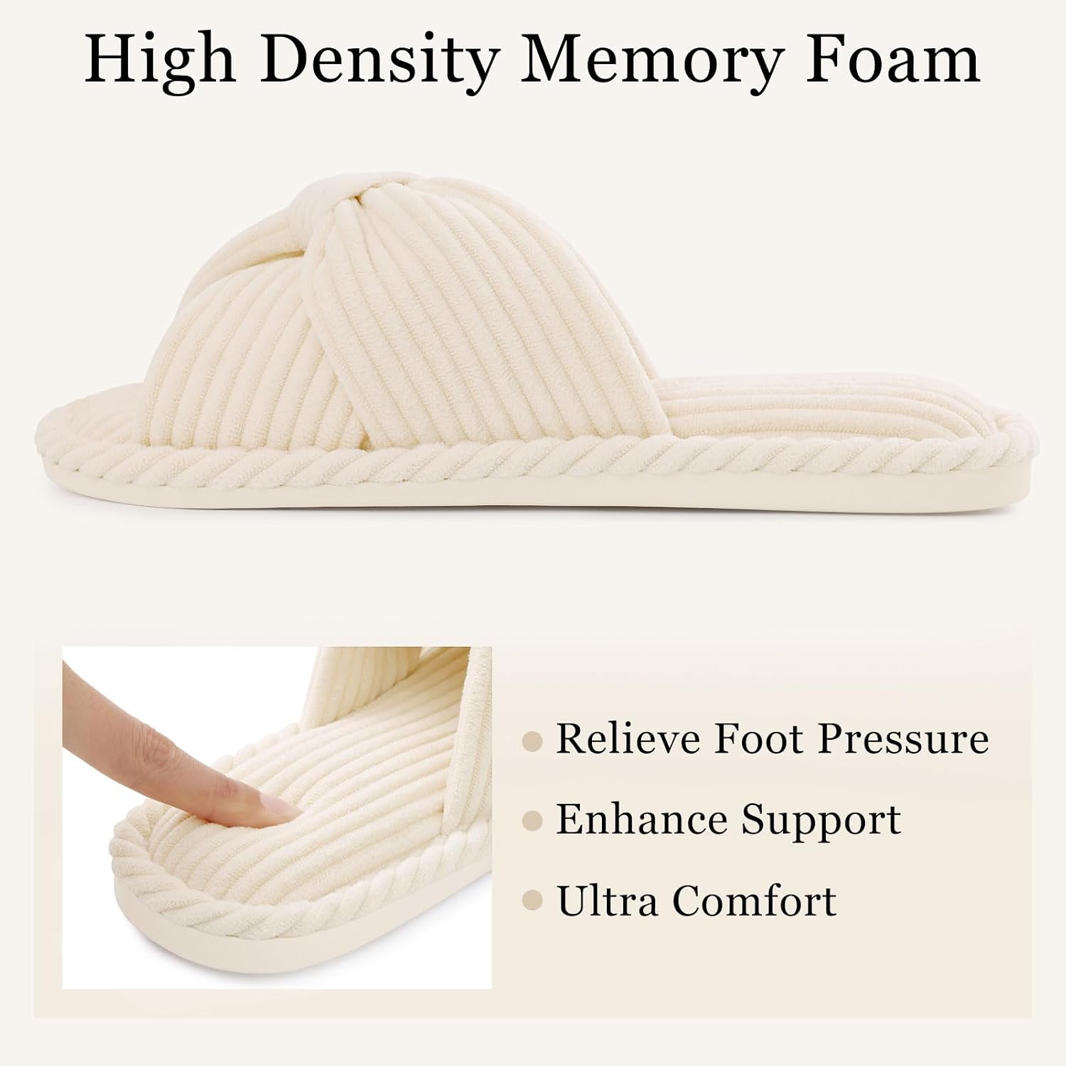 Evshine Summer House Slippers For Women Corduroy Cross Bow Indoor Slippers Open Toe Slip On Bedroom Shoes With Memory Foam