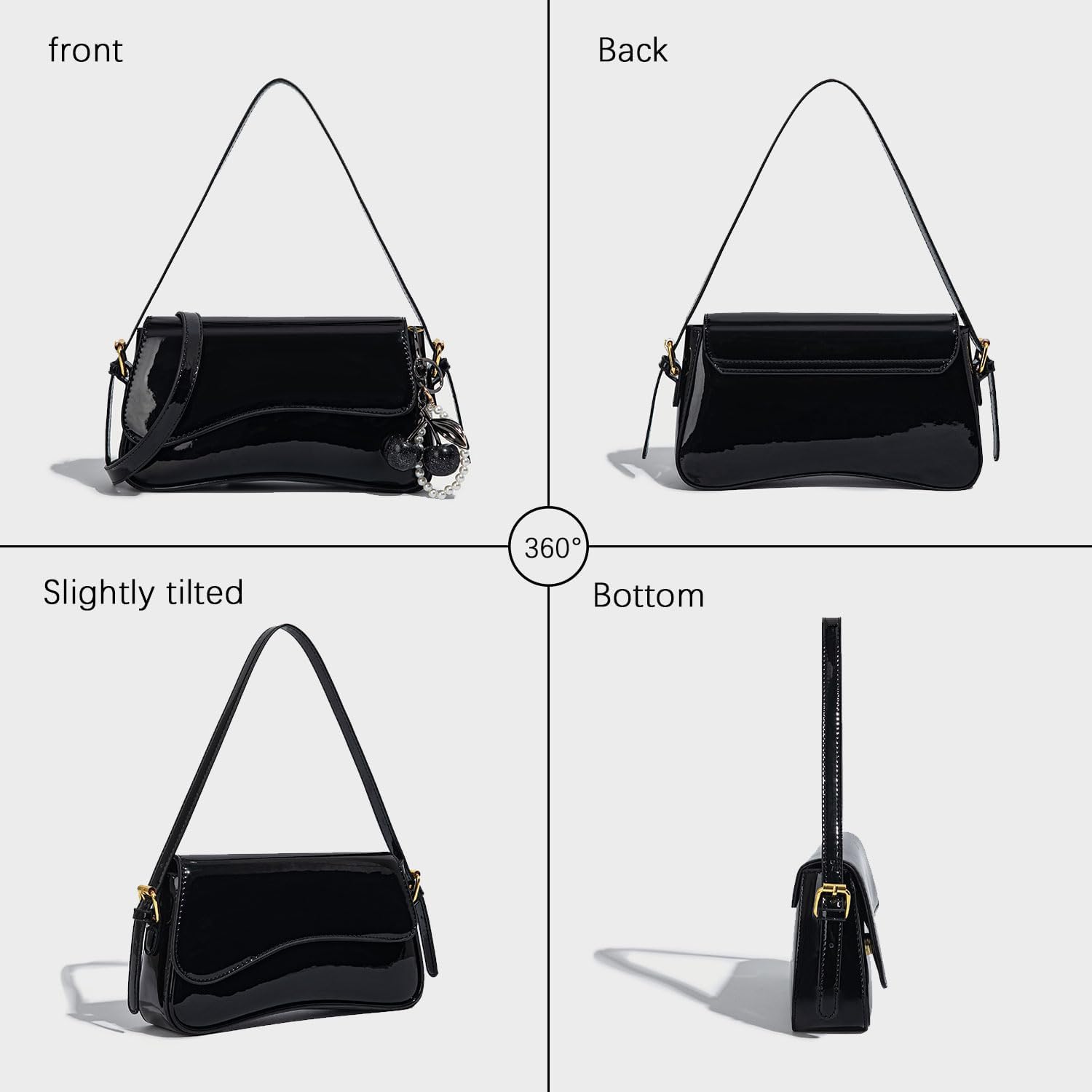 Black Purses for Women Trendy, Y2K Faux Leather Clutch Purse with Cherry Pendant,Crossbody Shoulder Bag and Handbags