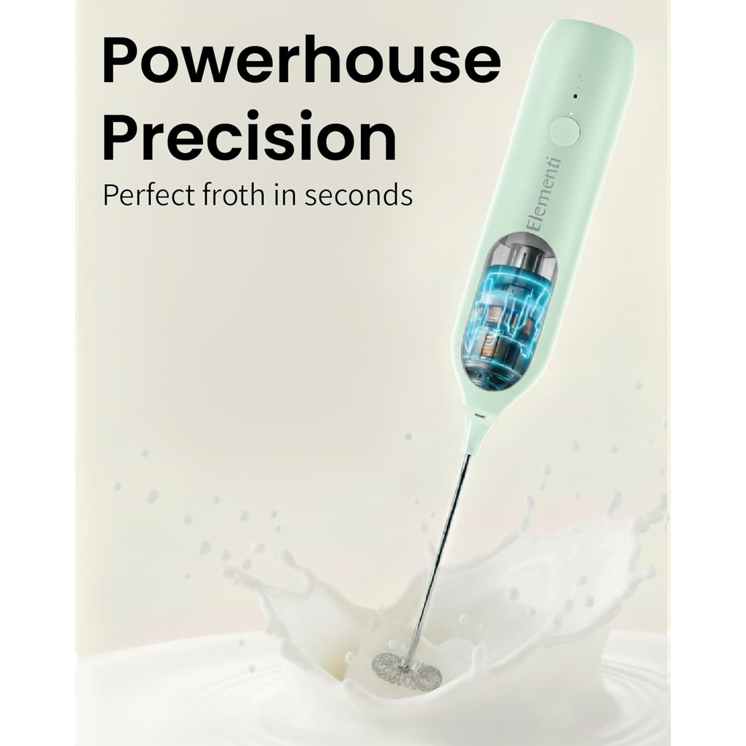 Elementi Rechargeable Milk Frother Wand & Drink Mixer Handheld - Powerful Usb-C Rechargeable Frother - Hand Held Milk Foamer Whisk To Make Perfect Cappuccinos, Lattes & Drink Mixes (Mint Green)