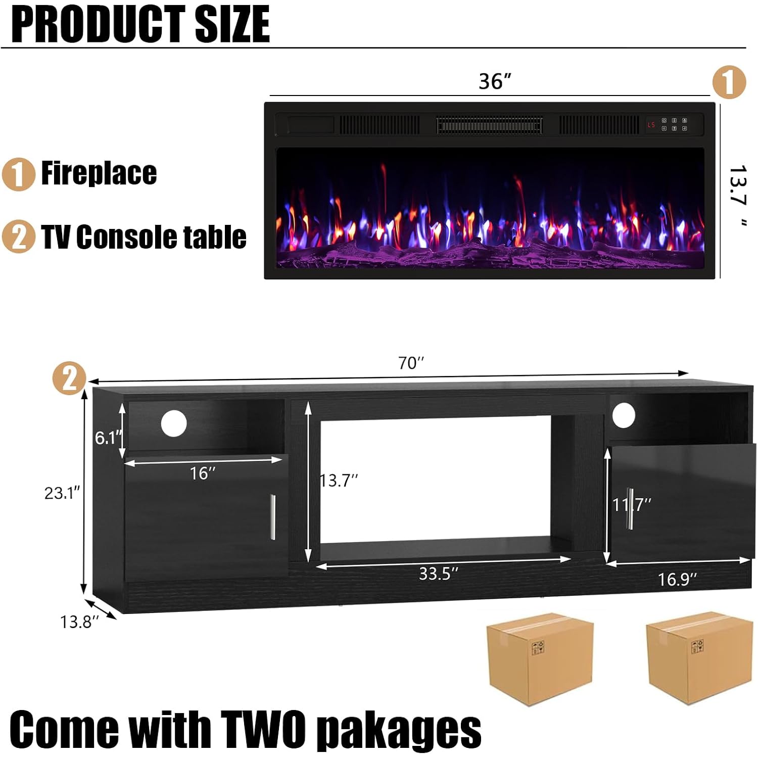 Vitesse Fireplace With Tv Stand 36" Inch Electric Fireplace Up To 80" Tvs, Led Light Entertainment Center, 70" Modern Wood High Gloss With Highlight Storage Cabinet For Living Room (Black)
