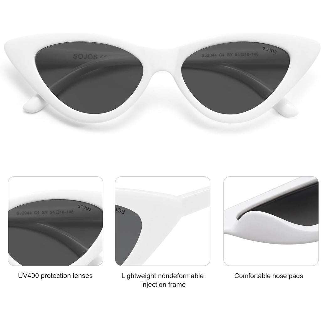 SOJOS Retro Vintage Narrow Cat Eye Sunglasses for Women Clout Goggles Plastic Frame SJ2044 Snow White Frame/Grey Lens