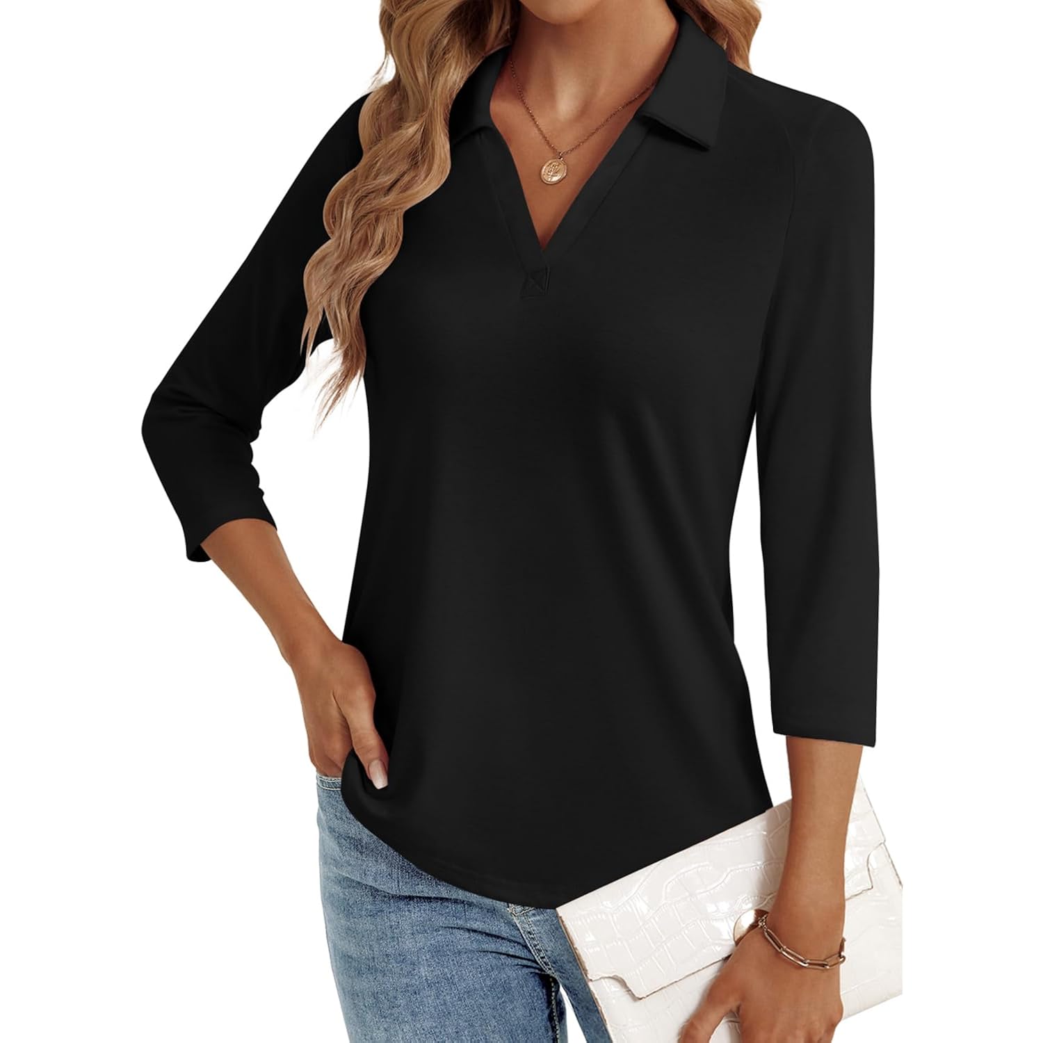 Lyhipss 3/4 Length Sleeve Womens Tops Dressy Casual V Neck Polo Shirts Business Work Blouses 2025 Trendy Tunic Top