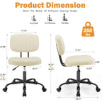 Sweetcrispy Small Office Desk Chair - Armless PU Leather with Comfy Lumbar Support, Height Adjustable Rolling Swivel Task for No Arms, for Adult, Student, Bedroom, Home, Vanity, Beige White