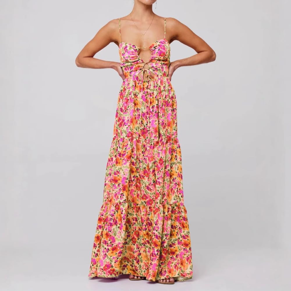 Abyovrt Women Floral Maxi Dress Tie Front Cut Out Backless Boho Spaghetti Strap Summer Beach Sundress
