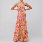 Abyovrt Women Floral Maxi Dress Tie Front Cut Out Backless Boho Spaghetti Strap Summer Beach Sundress