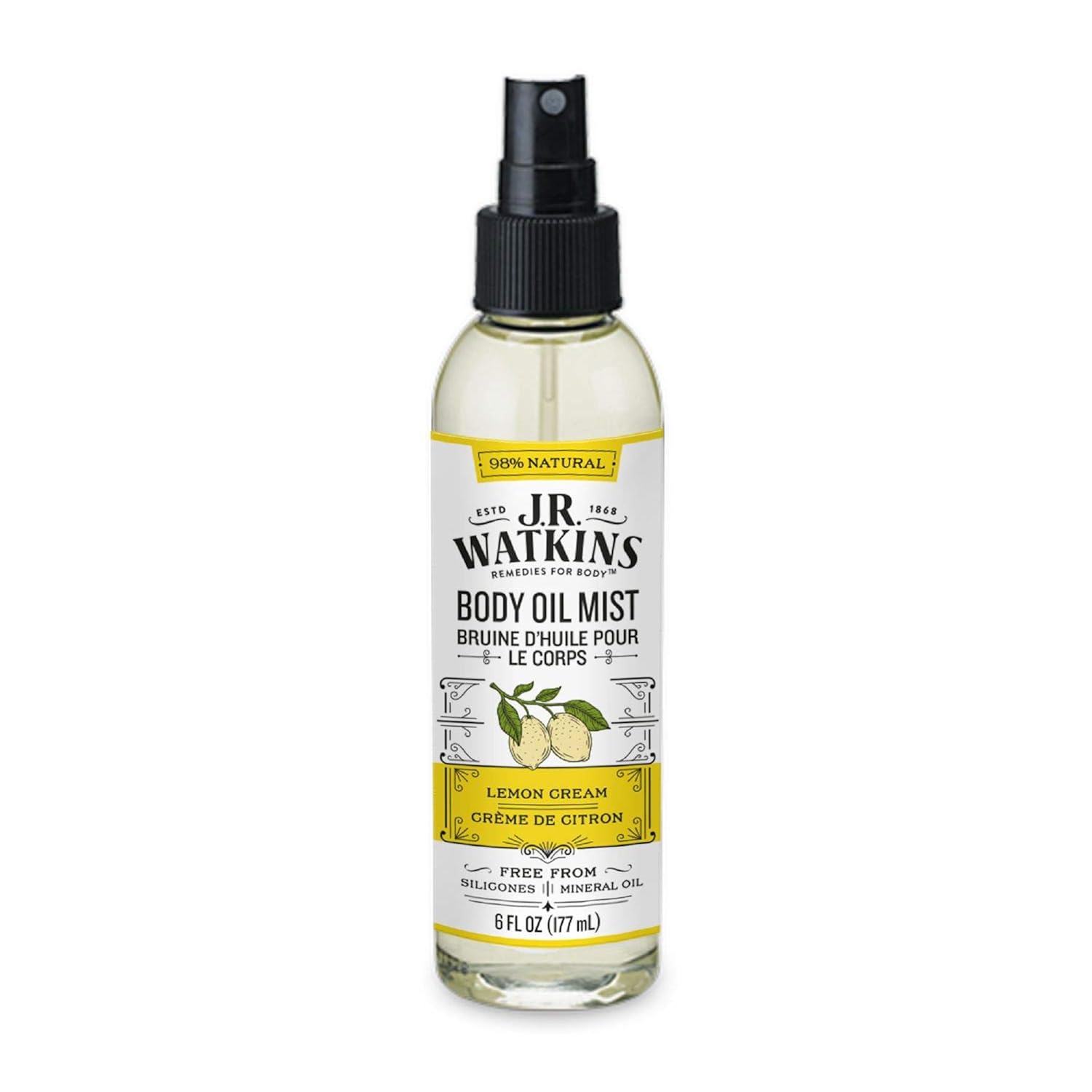 J.R. Watkins Natural Hydrating Body Oil Mist, Lemon Cream, Moisturizing Body Oil Spray For Glowing Skin, Usa Made And Cruelty Free, 6 Fl Oz, Single