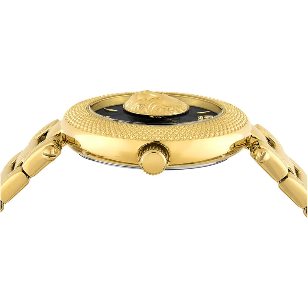 Versus Versace Brick Lane Lion Women'S Watch, 36Mm Gold Tone Stainless Steel Case, Black Sunray Dial, Gold Tone Bracelet, Quartz Movement, 3 Atm Water Resistant
