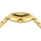 Versus Versace Brick Lane Lion Women'S Watch, 36Mm Gold Tone Stainless Steel Case, Black Sunray Dial, Gold Tone Bracelet, Quartz Movement, 3 Atm Water Resistant