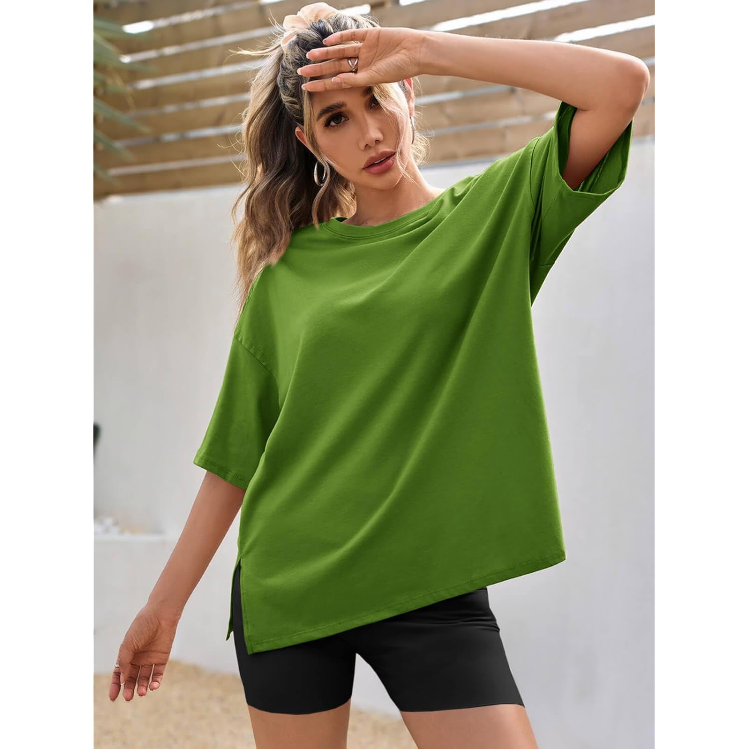 Tankaneo Womens Polka Dot Oversized Tshirts Summer Casual Short Sleeve Crew Neck T Shirt Loose Fit Side Slit Tee Tops
