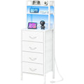 Fixwal 47 Inch Tall Nightstand With Charging Station, Led Night Stand With Socket, 4 Pu Finished Fabric Storage Drawers, Office, Bedside Table & Bookshelf In One, White