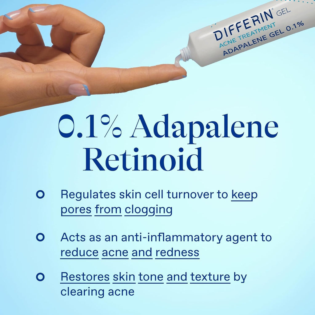 Differin Acne Treatment Gel, 30 Day Supply, Retinoid Treatment For Face With 0.1% Adapalene, Gentle Skin Care For Acne Prone Sensitive Skin, 15G Tube (Packaging May Vary)