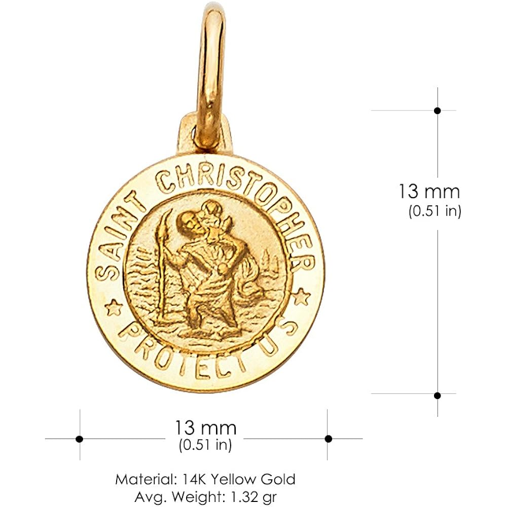 14K Yellow Gold St. Christopher Medal Pendant Necklace Protect Us Charm with 1.9mm Figaro 3+1 Chain